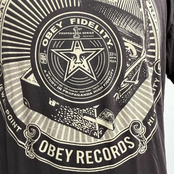 OBEY Records gray graphic cotton short sleeve t shirt L